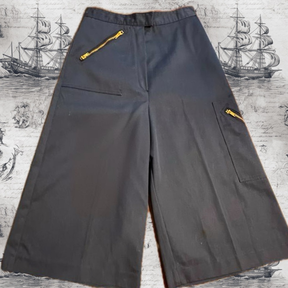 VINTAGE nautical wide leg‎ cropped pants culottes zipper pockets navy blue coast